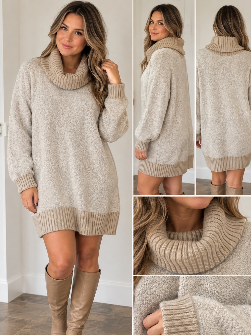 Hyba Cowl Neck Oversized Sweater Dress in Beige Size Large Like New